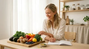 nutriční terapeutka analyzující čerstvé potraviny bohaté na vitamíny u stolu